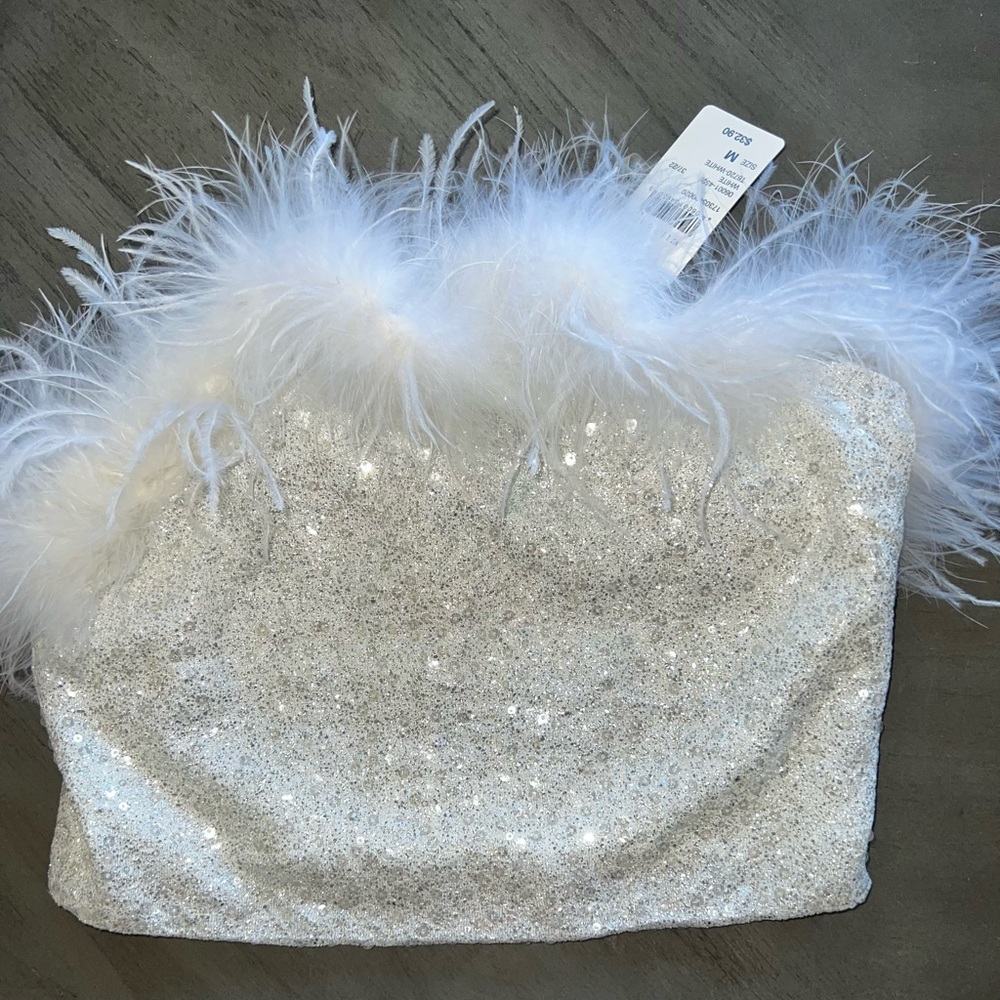 Windsor White Sequin Feather Trim Strapless Crop Top